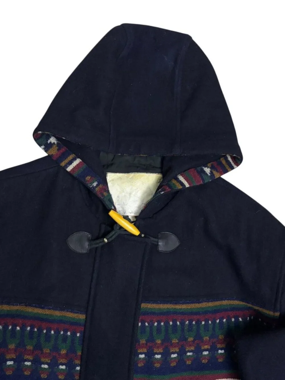 VINTAGE INUIT WOOL Aztec Blue Hooded Retro Winter Pea Coat Womens Medium